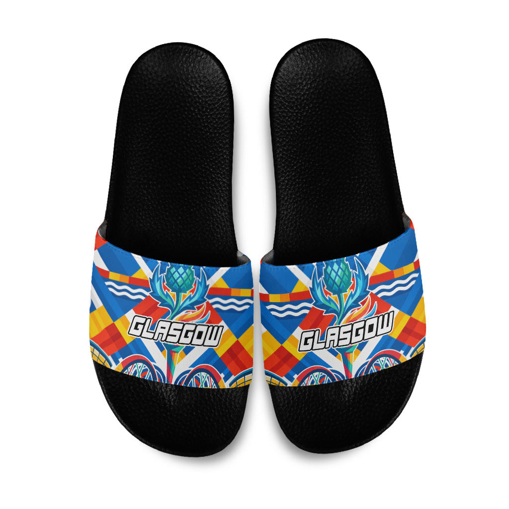 Glasgow 2026 Scotland Slide Sandals Thistle Vibrant Tartan Cartoon Character