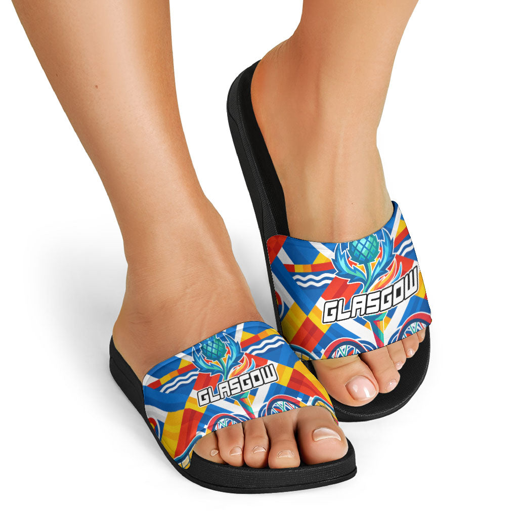 Glasgow 2026 Scotland Slide Sandals Thistle Vibrant Tartan Cartoon Character