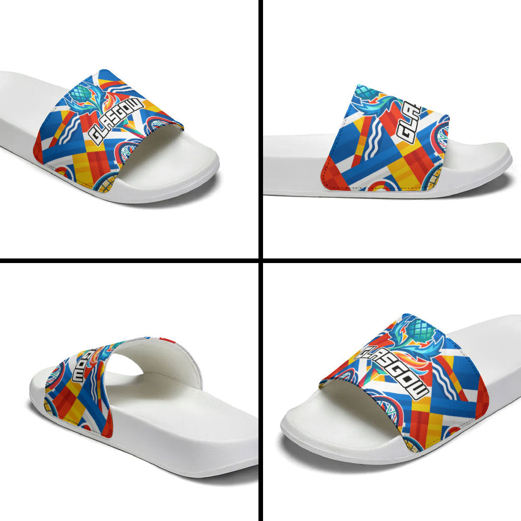 Glasgow 2026 Scotland Slide Sandals Thistle Vibrant Tartan Cartoon Character
