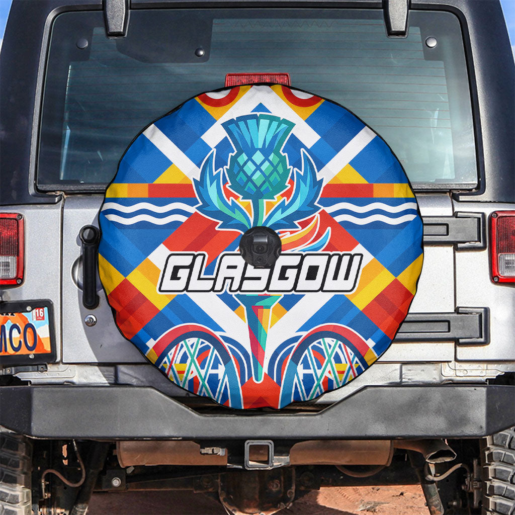 Glasgow 2026 Scotland Spare Tire Cover Thistle Vibrant Tartan Cartoon Character