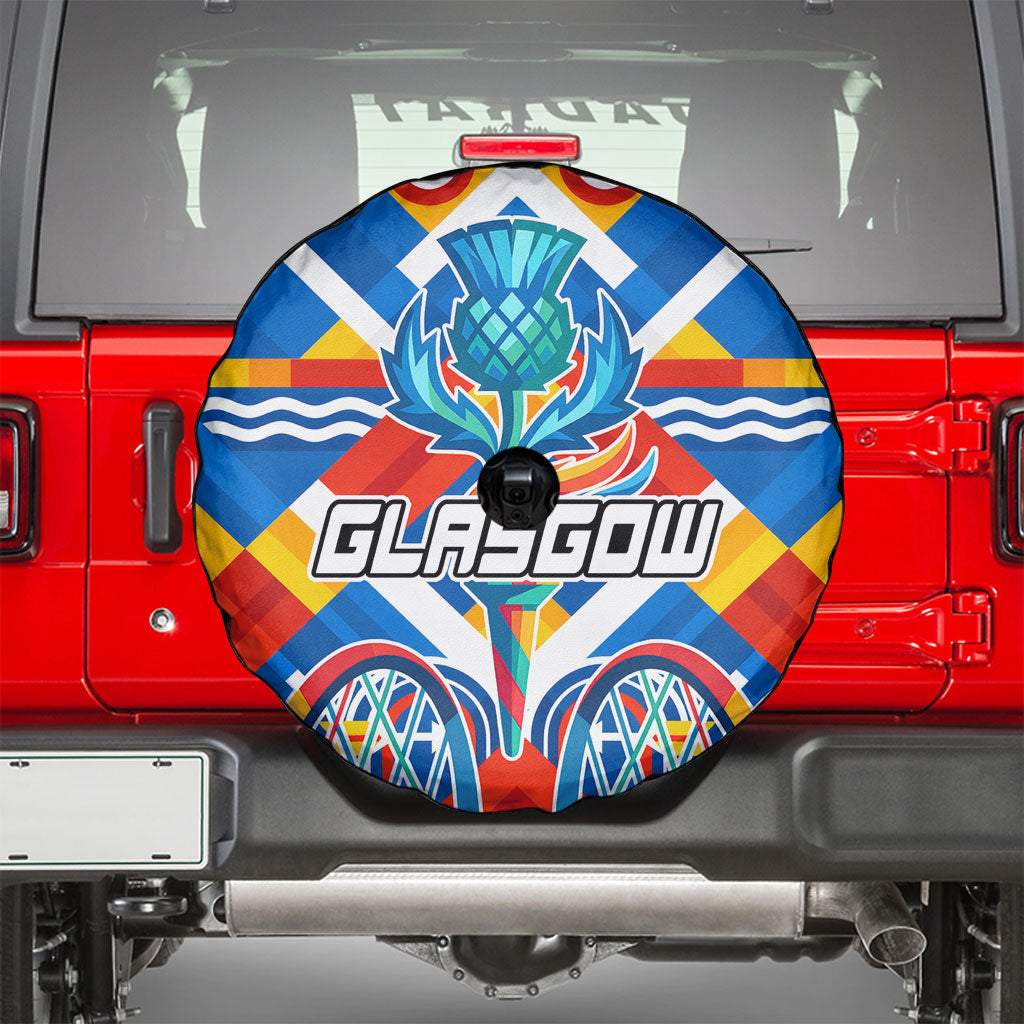 Glasgow 2026 Scotland Spare Tire Cover Thistle Vibrant Tartan Cartoon Character
