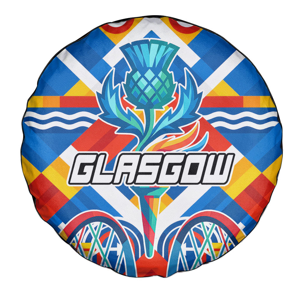 Glasgow 2026 Scotland Spare Tire Cover Thistle Vibrant Tartan Cartoon Character