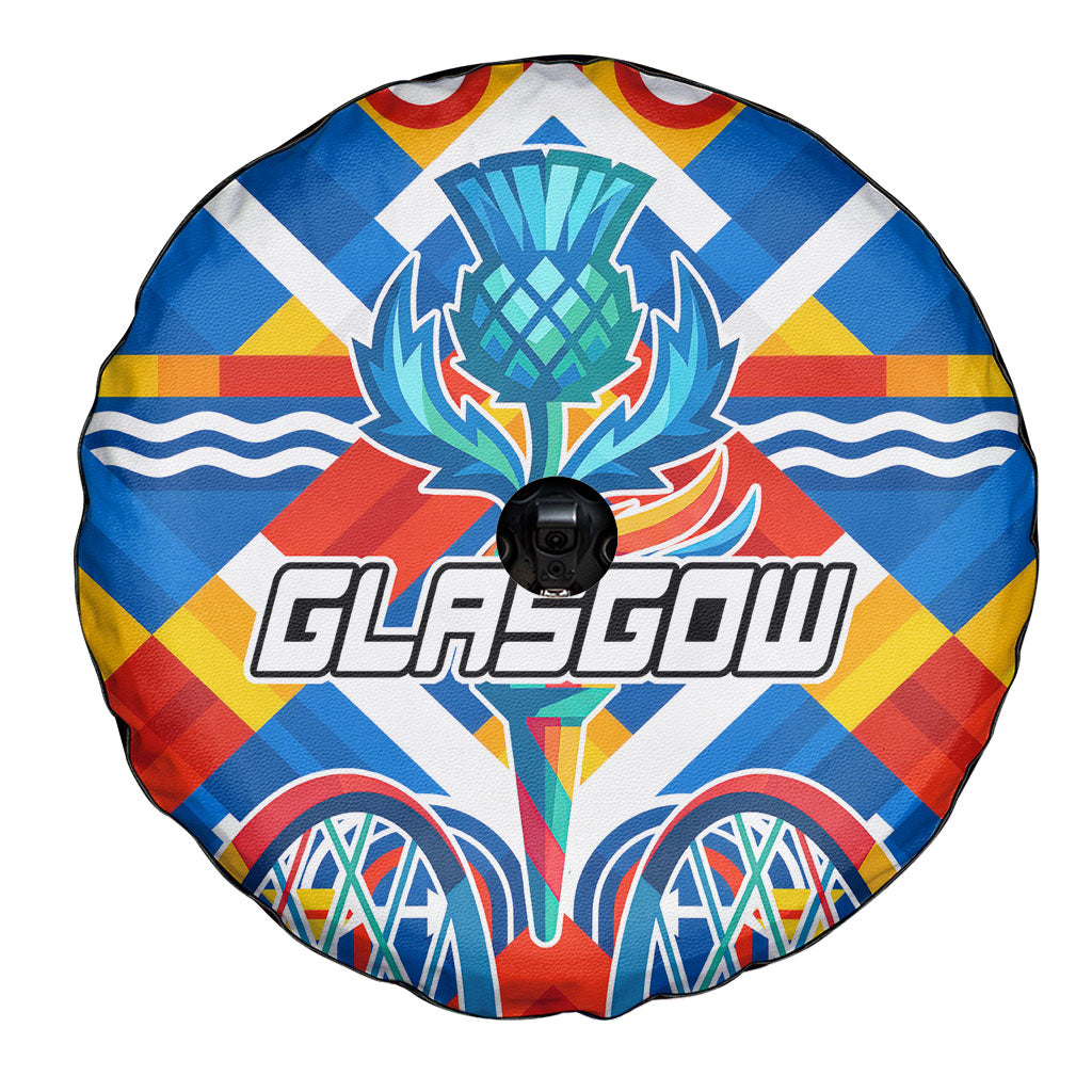 Glasgow 2026 Scotland Spare Tire Cover Thistle Vibrant Tartan Cartoon Character