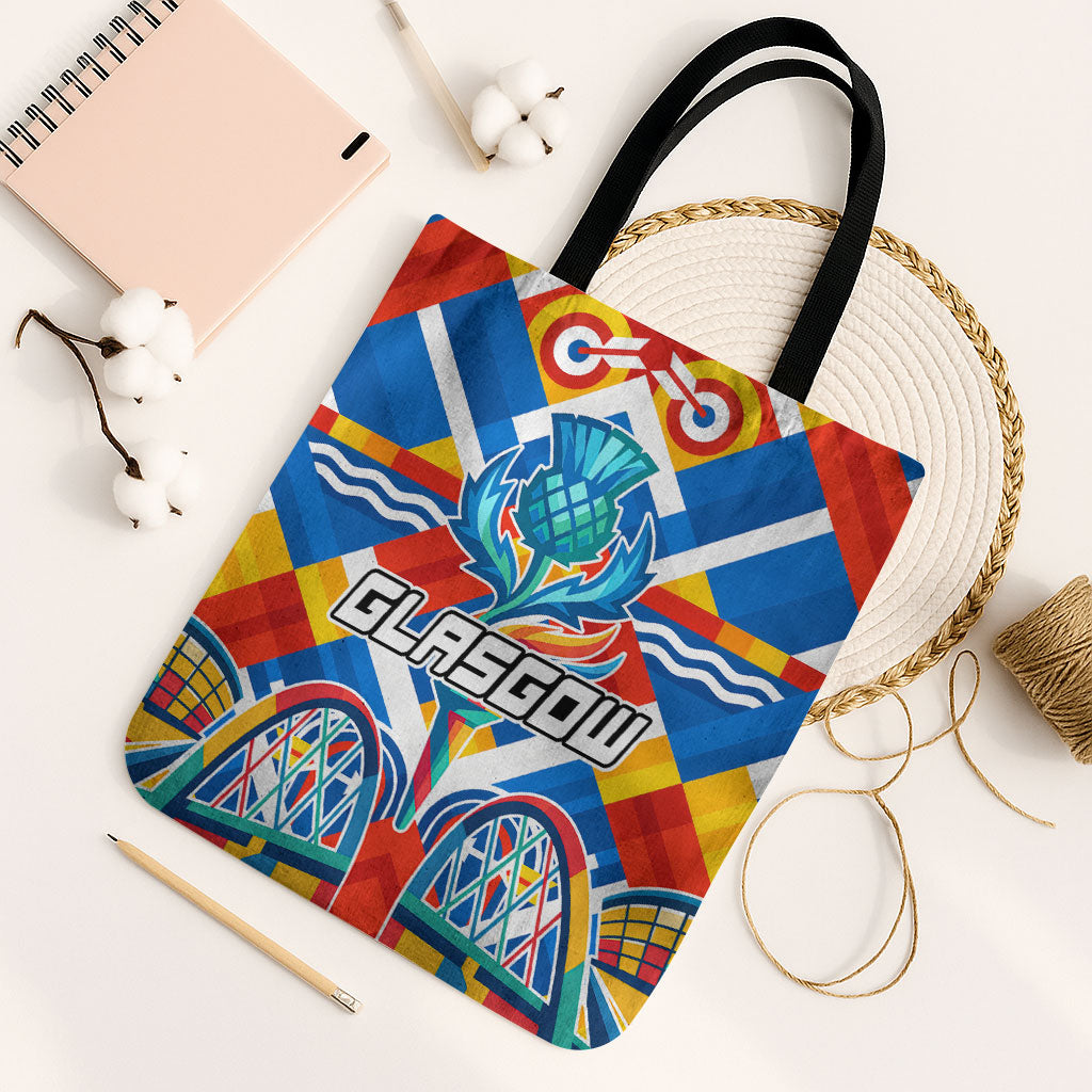 Glasgow 2026 Scotland Tote Bag Thistle Vibrant Tartan Cartoon Character