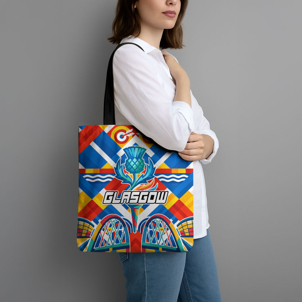 Glasgow 2026 Scotland Tote Bag Thistle Vibrant Tartan Cartoon Character