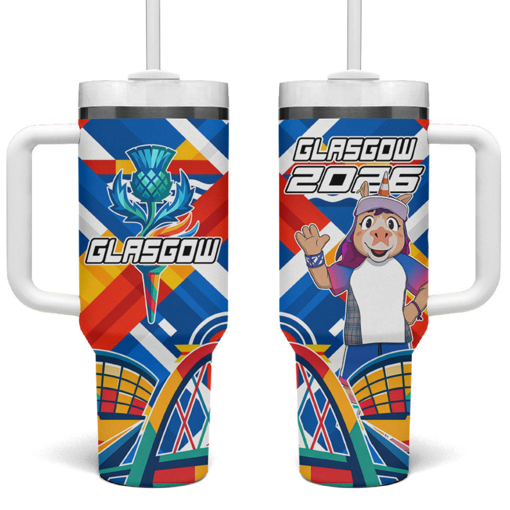 Glasgow 2026 Scotland Tumbler With Handle Thistle Vibrant Tartan Cartoon Character