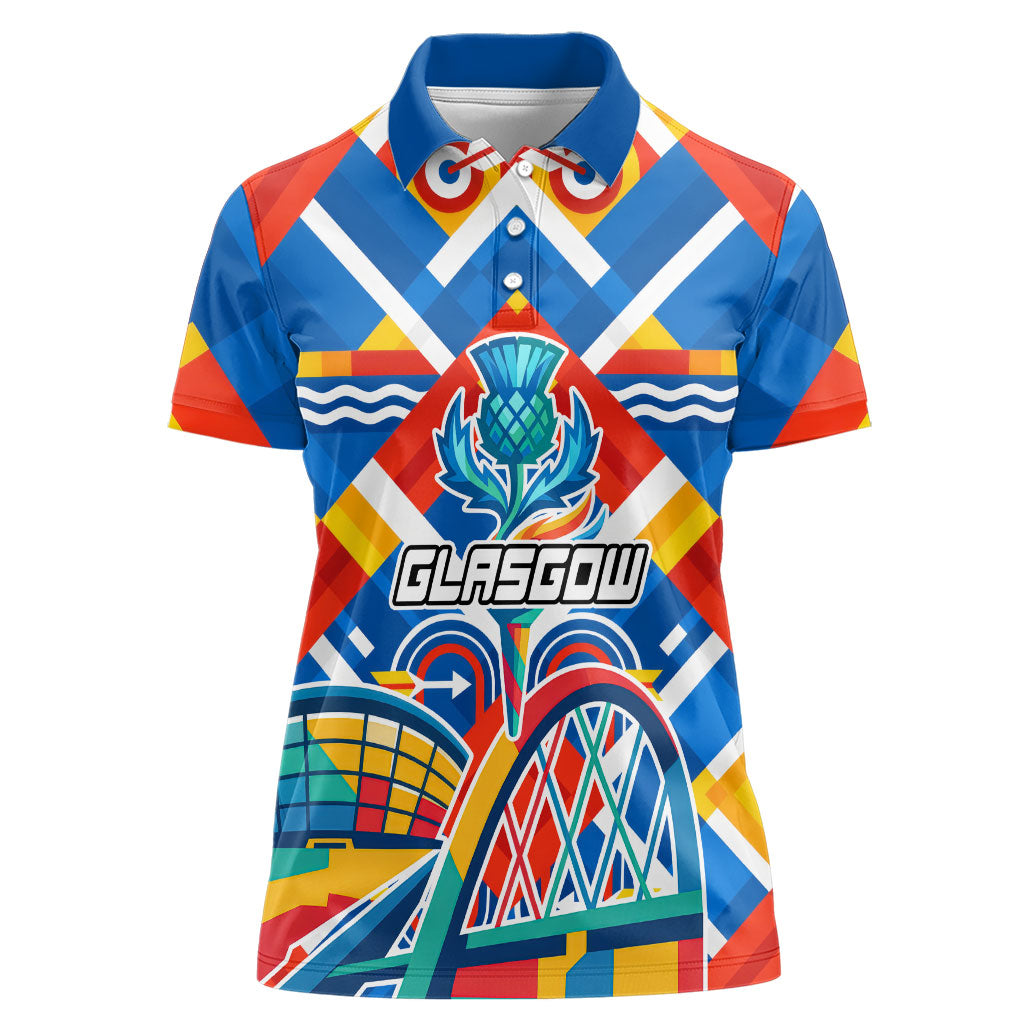 Glasgow 2026 Scotland Women Polo Shirt Thistle Vibrant Tartan Cartoon Character