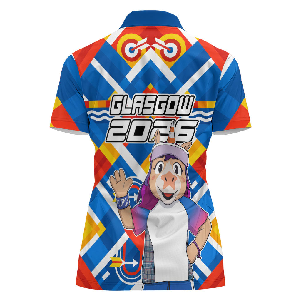 Glasgow 2026 Scotland Women Polo Shirt Thistle Vibrant Tartan Cartoon Character