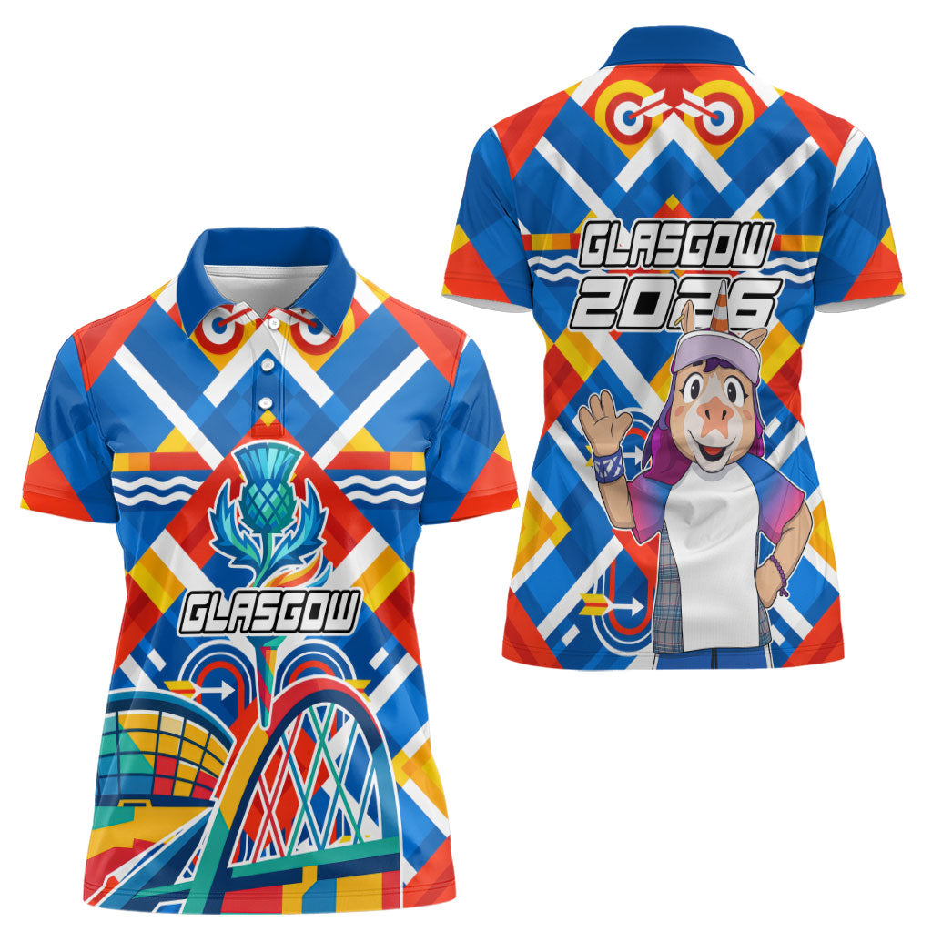 Glasgow 2026 Scotland Women Polo Shirt Thistle Vibrant Tartan Cartoon Character