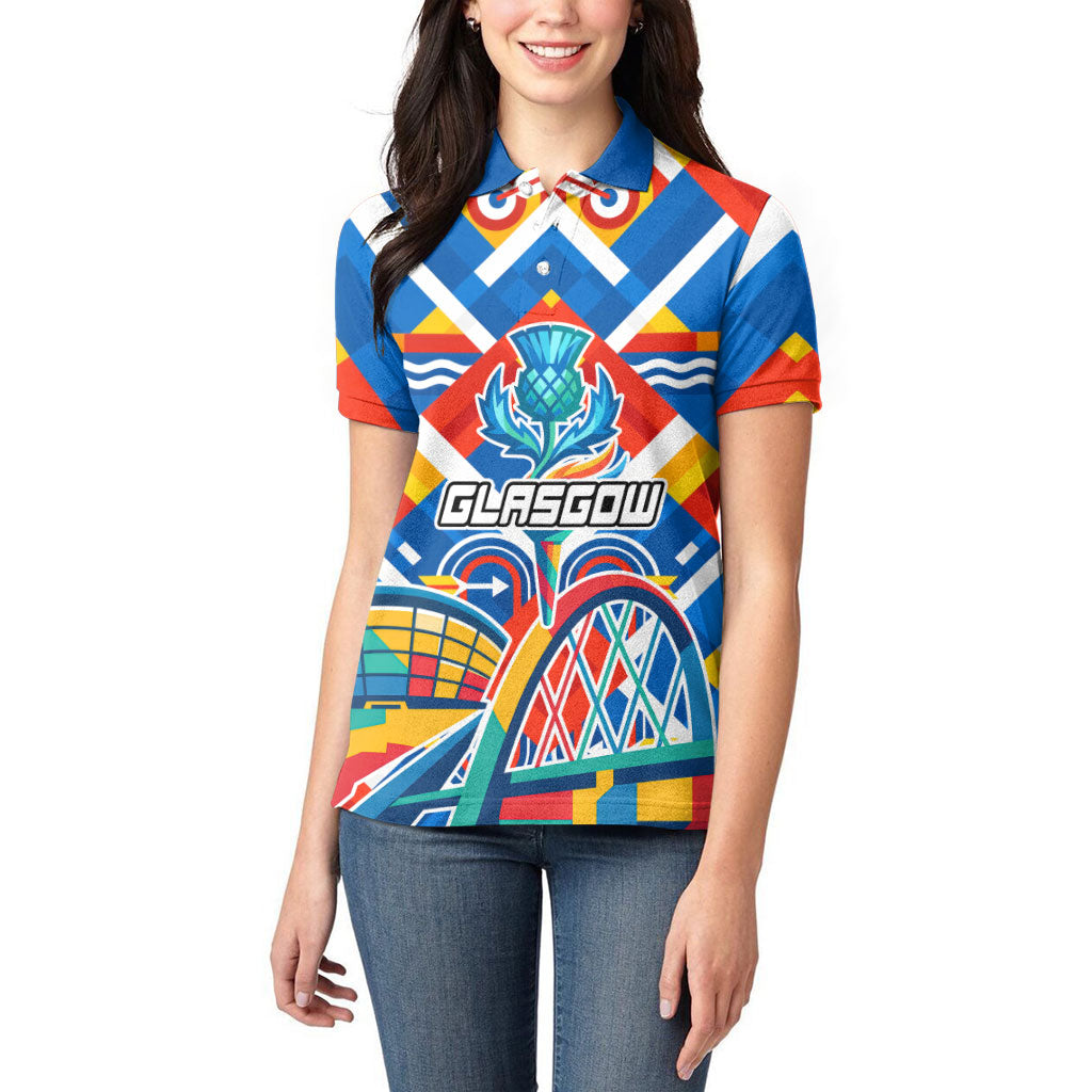 Glasgow 2026 Scotland Women Polo Shirt Thistle Vibrant Tartan Cartoon Character