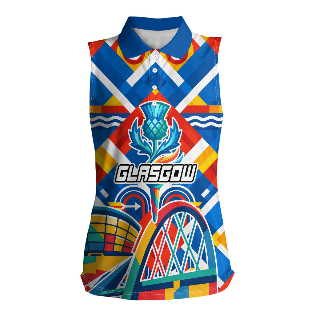Glasgow 2026 Scotland Women Sleeveless Polo Shirt Thistle Vibrant Tartan Cartoon Character