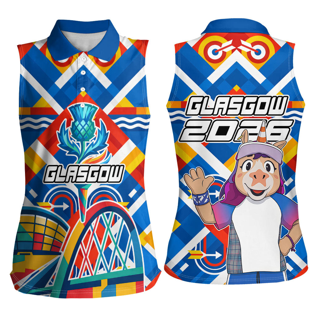 Glasgow 2026 Scotland Women Sleeveless Polo Shirt Thistle Vibrant Tartan Cartoon Character