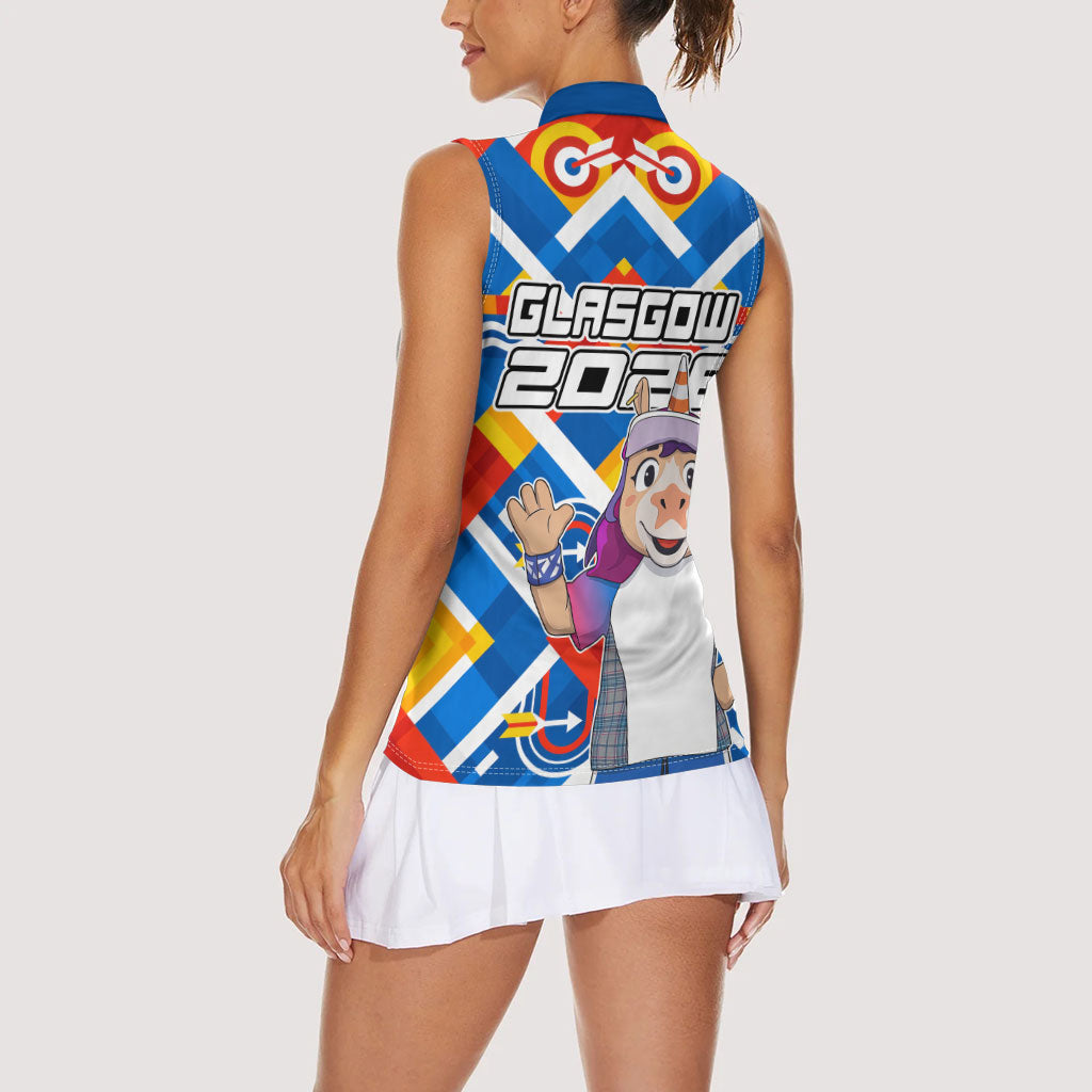 Glasgow 2026 Scotland Women Sleeveless Polo Shirt Thistle Vibrant Tartan Cartoon Character