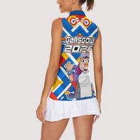 Glasgow 2026 Scotland Women Sleeveless Polo Shirt Thistle Vibrant Tartan Cartoon Character