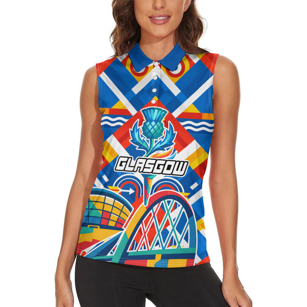 Glasgow 2026 Scotland Women Sleeveless Polo Shirt Thistle Vibrant Tartan Cartoon Character