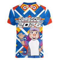 Glasgow 2026 Scotland Women V-Neck T-Shirt Thistle Vibrant Tartan Cartoon Character