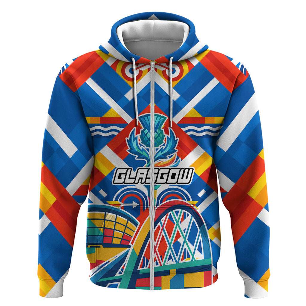 Glasgow 2026 Scotland Zip Hoodie Thistle Vibrant Tartan Cartoon Character