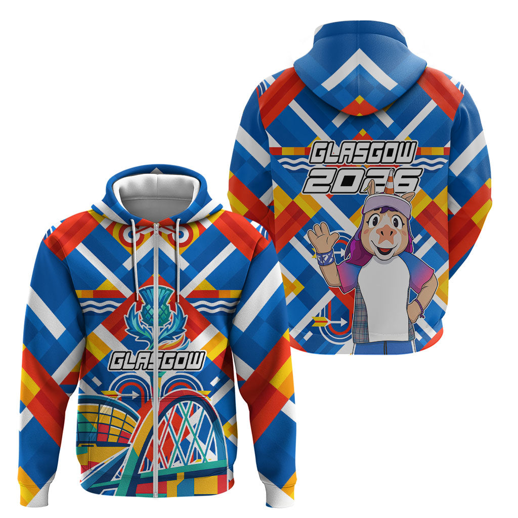 Glasgow 2026 Scotland Zip Hoodie Thistle Vibrant Tartan Cartoon Character