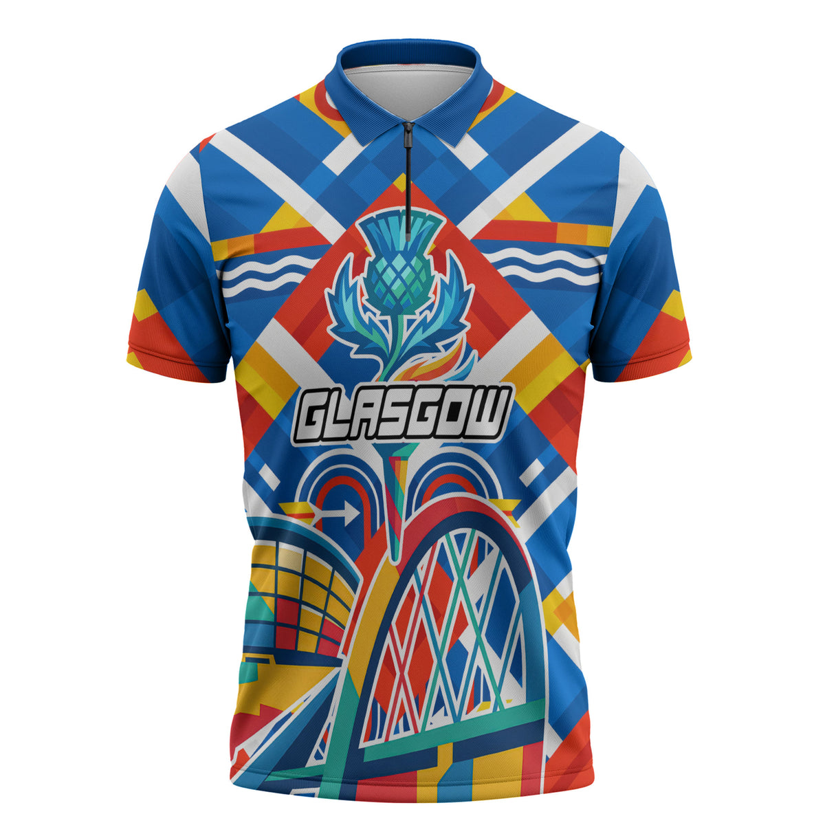 Glasgow 2026 Scotland Zipper Polo Shirt Thistle Vibrant Tartan Cartoon Character