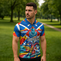 Glasgow 2026 Scotland Zipper Polo Shirt Thistle Vibrant Tartan Cartoon Character