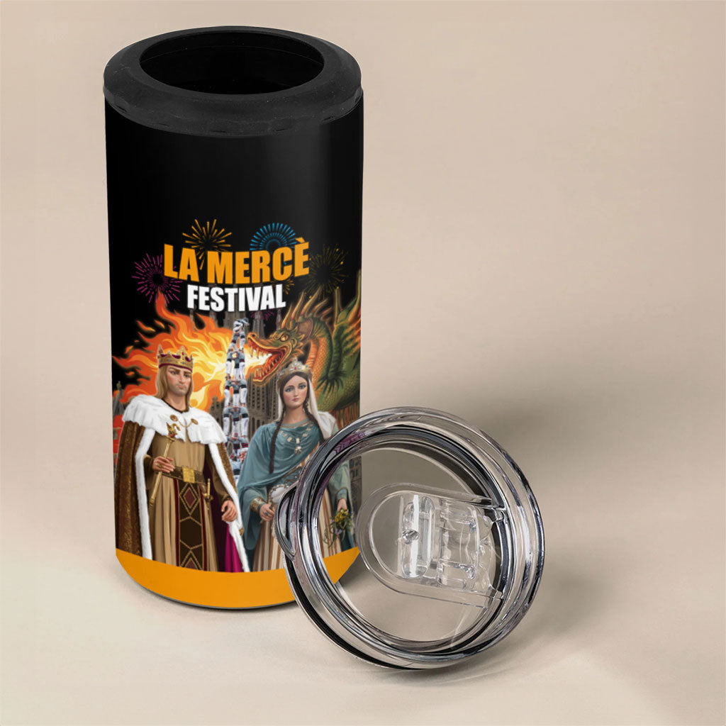 La Merce Festival Barcelona 4 in 1 Can Cooler Tumbler Catalan Tradition Celebration Sagrada Familia Fireworks Art