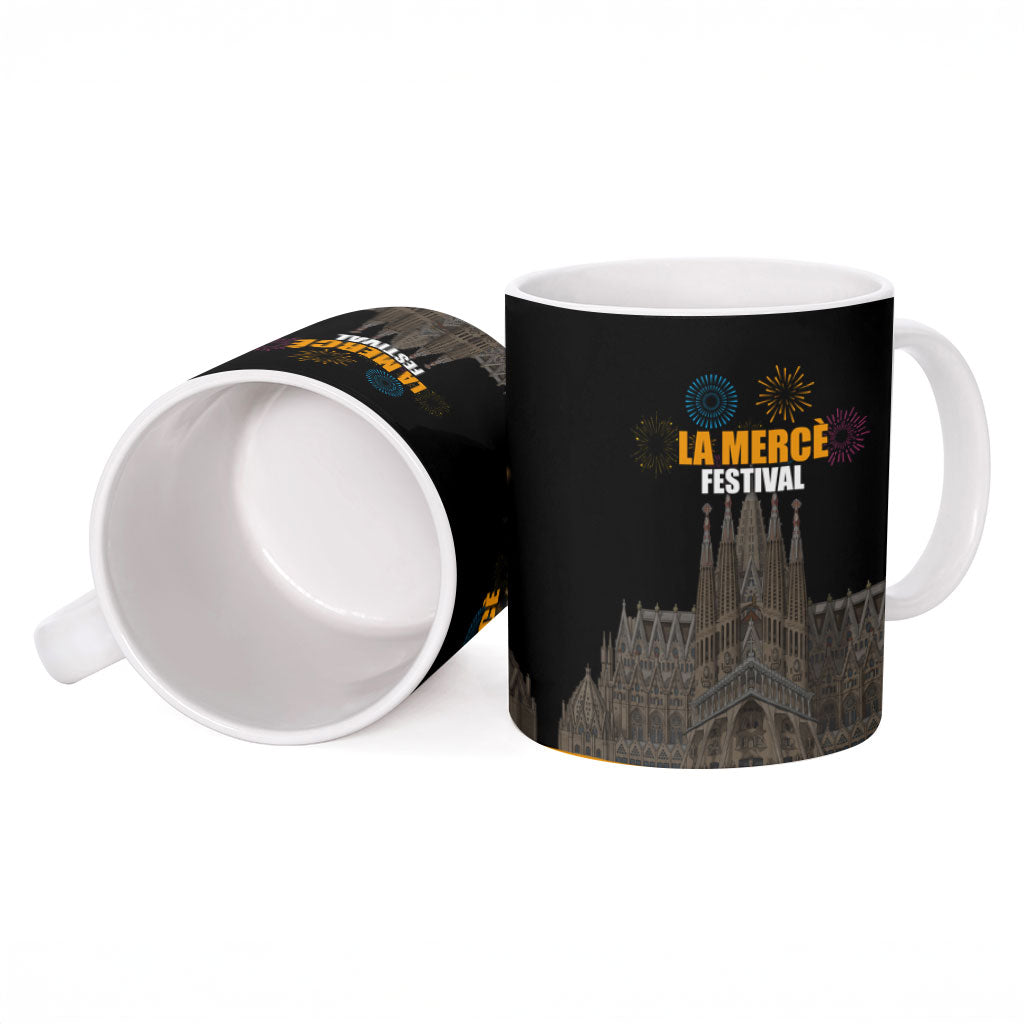 La Merce Festival Barcelona Ceramic Mug Catalan Tradition Celebration Sagrada Familia Fireworks Art