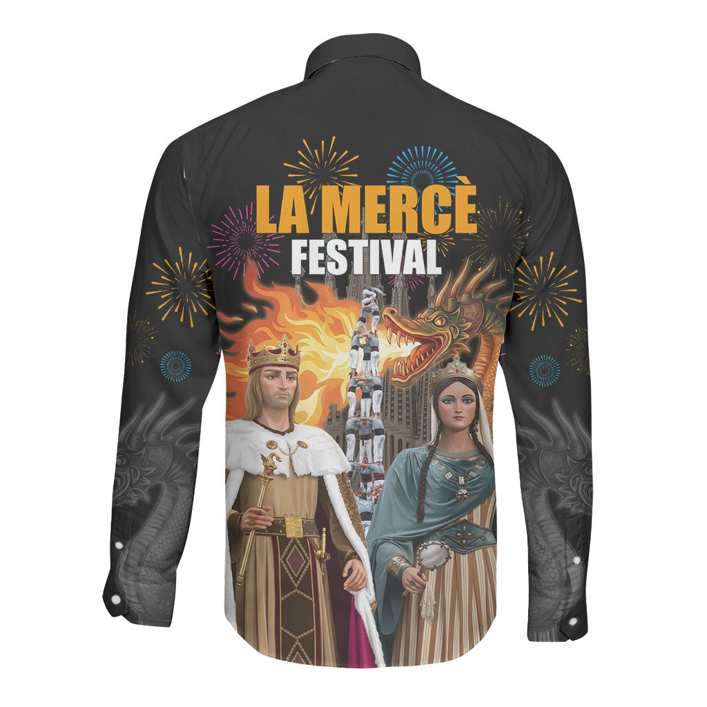 La Merce Festival Barcelona Long Sleeve Button Shirt Catalan Tradition Celebration Sagrada Familia Fireworks Art