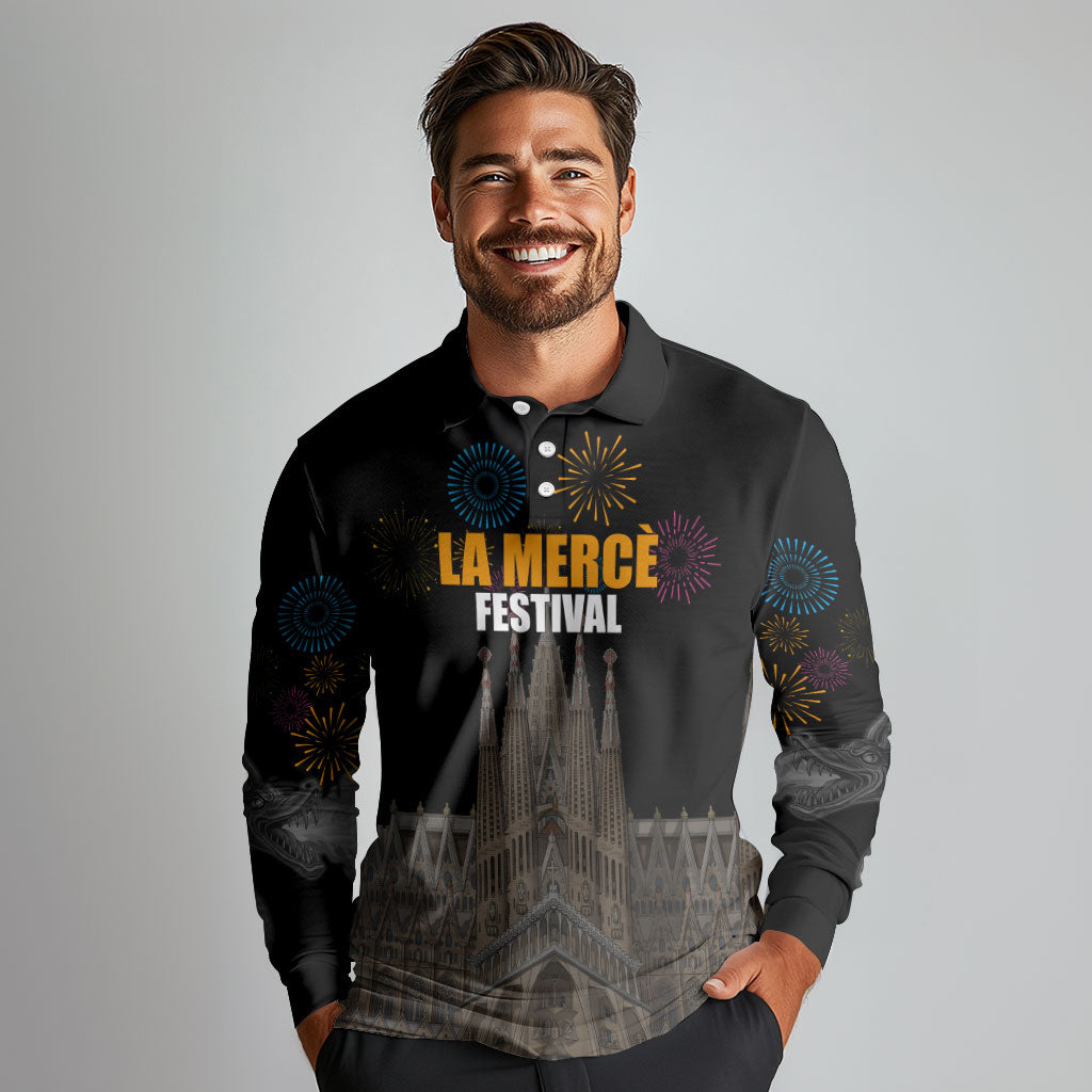 La Merce Festival Barcelona Long Sleeve Polo Shirt Catalan Tradition Celebration Sagrada Familia Fireworks Art