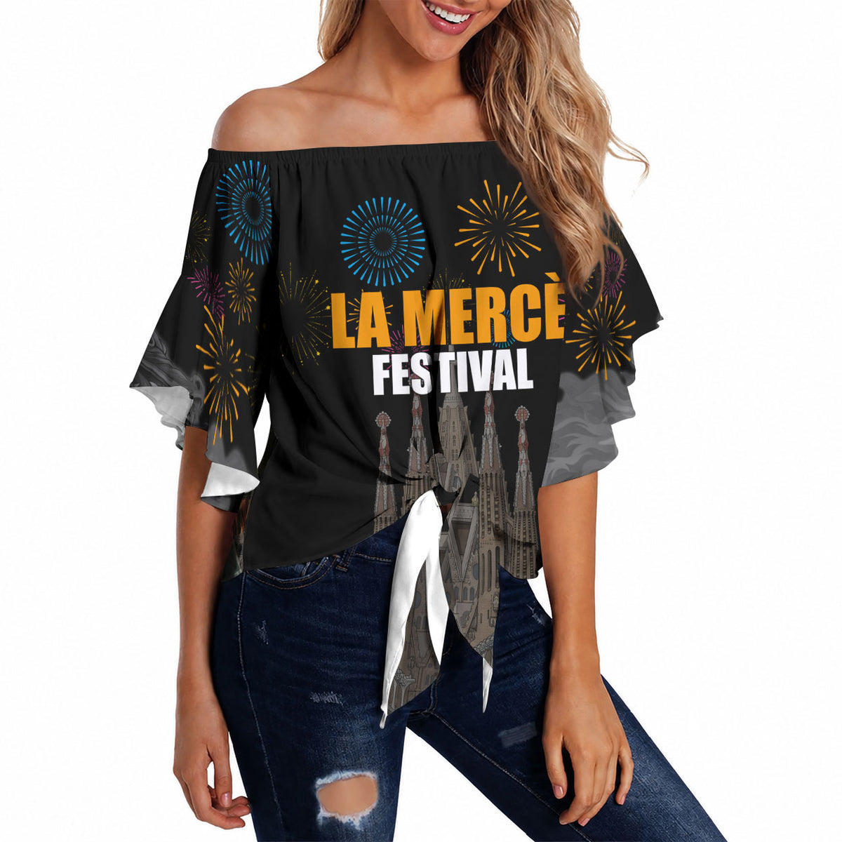 La Merce Festival Barcelona Off Shoulder Wrap Waist Top Catalan Tradition Celebration Sagrada Familia Fireworks Art