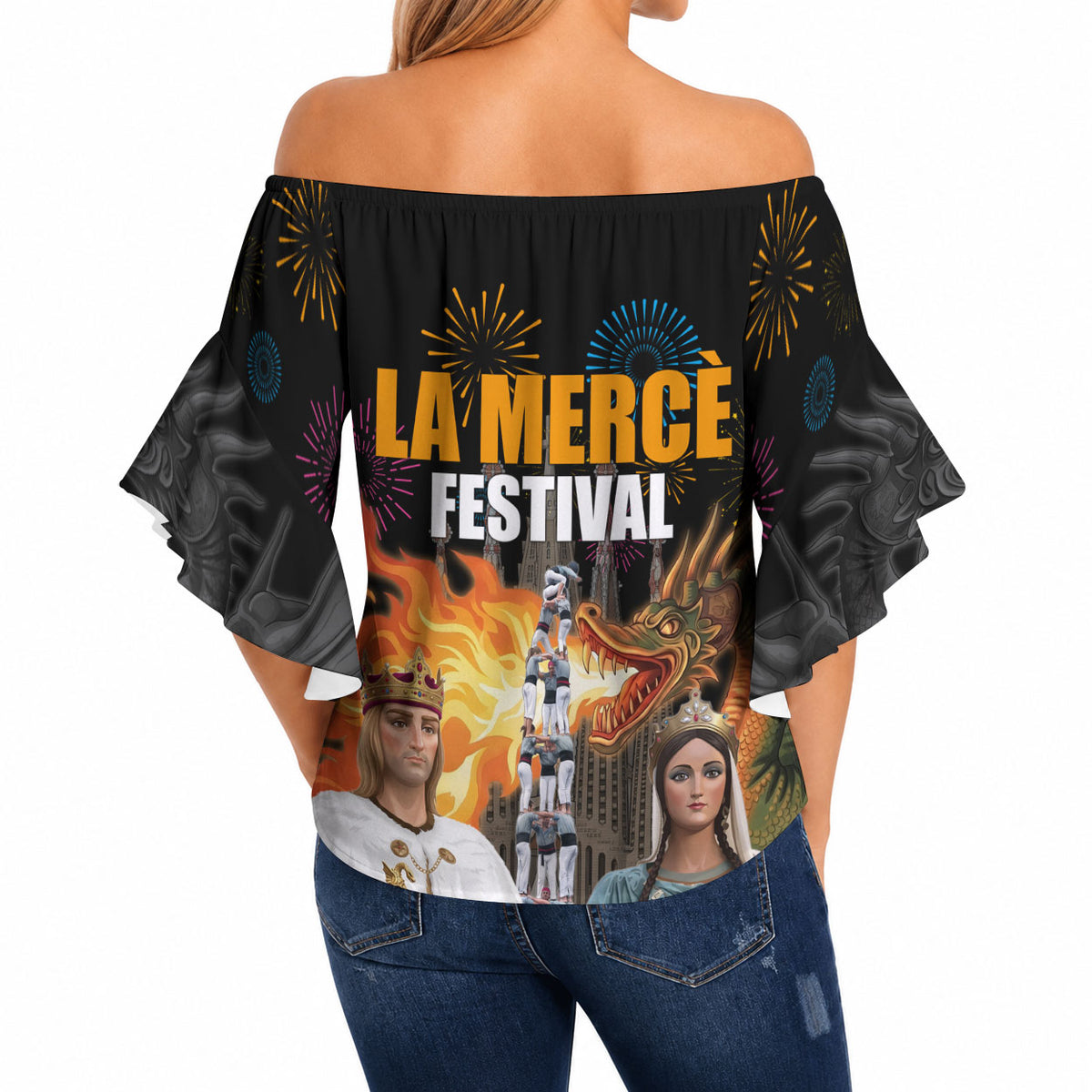 La Merce Festival Barcelona Off Shoulder Wrap Waist Top Catalan Tradition Celebration Sagrada Familia Fireworks Art