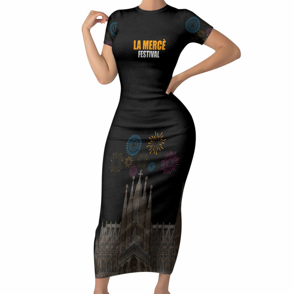 La Merce Festival Barcelona Short Sleeve Bodycon Dress Catalan Tradition Celebration Sagrada Familia Fireworks Art