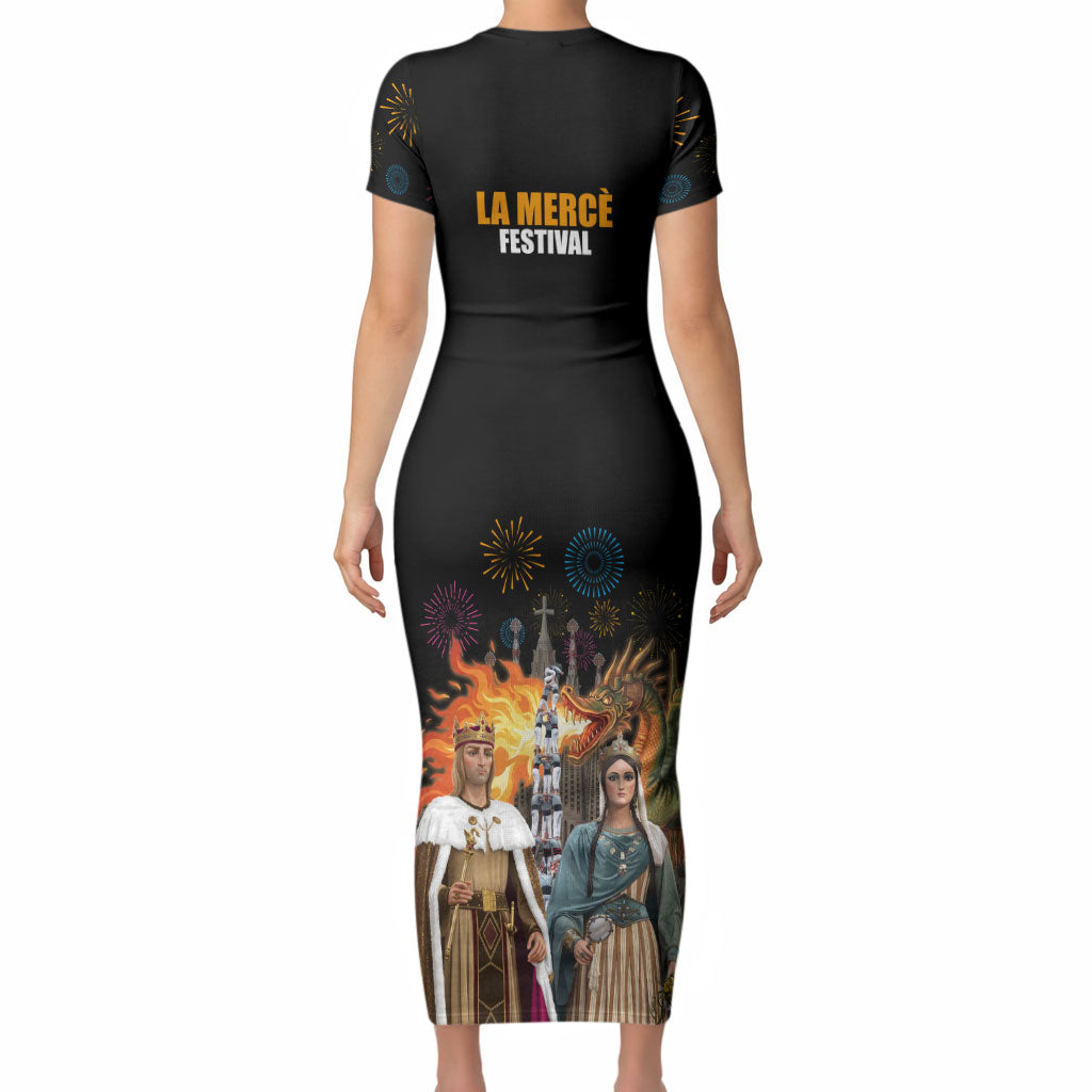 La Merce Festival Barcelona Short Sleeve Bodycon Dress Catalan Tradition Celebration Sagrada Familia Fireworks Art