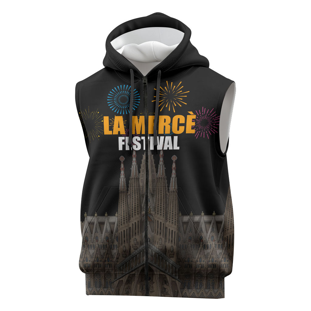 La Merce Festival Barcelona Sleeveless Zip Hoodie Catalan Tradition Celebration Sagrada Familia Fireworks Art