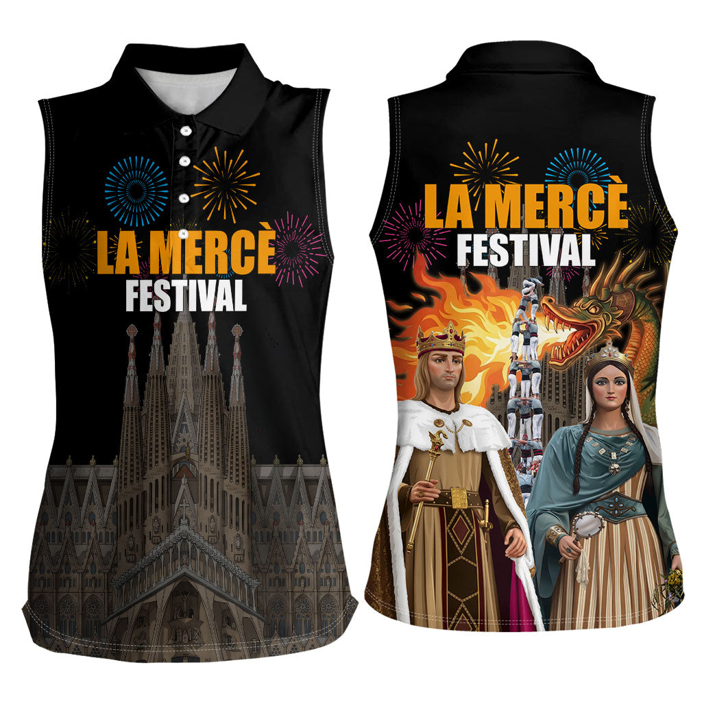 La Merce Festival Barcelona Women Sleeveless Polo Shirt Catalan Tradition Celebration Sagrada Familia Fireworks Art