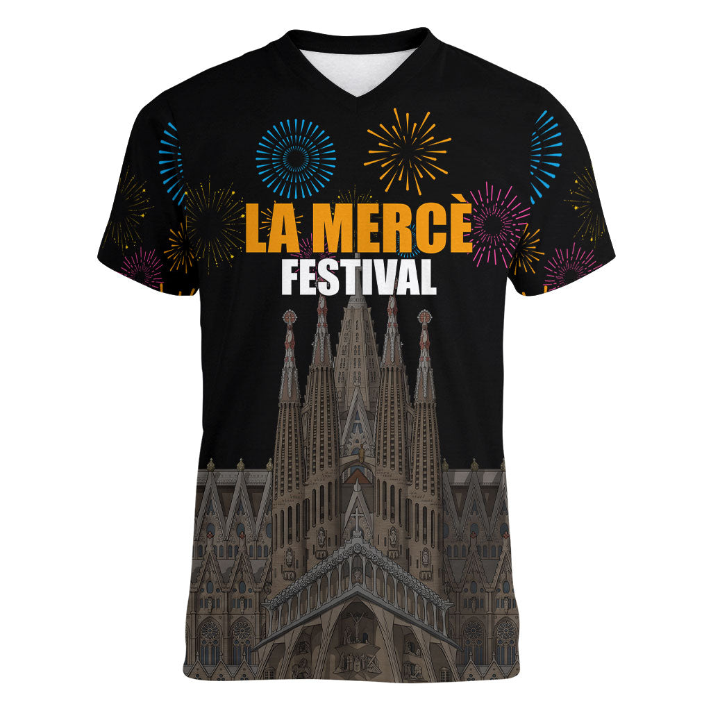 La Merce Festival Barcelona Women V-Neck T-Shirt Catalan Tradition Celebration Sagrada Familia Fireworks Art