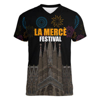 La Merce Festival Barcelona Women V-Neck T-Shirt Catalan Tradition Celebration Sagrada Familia Fireworks Art