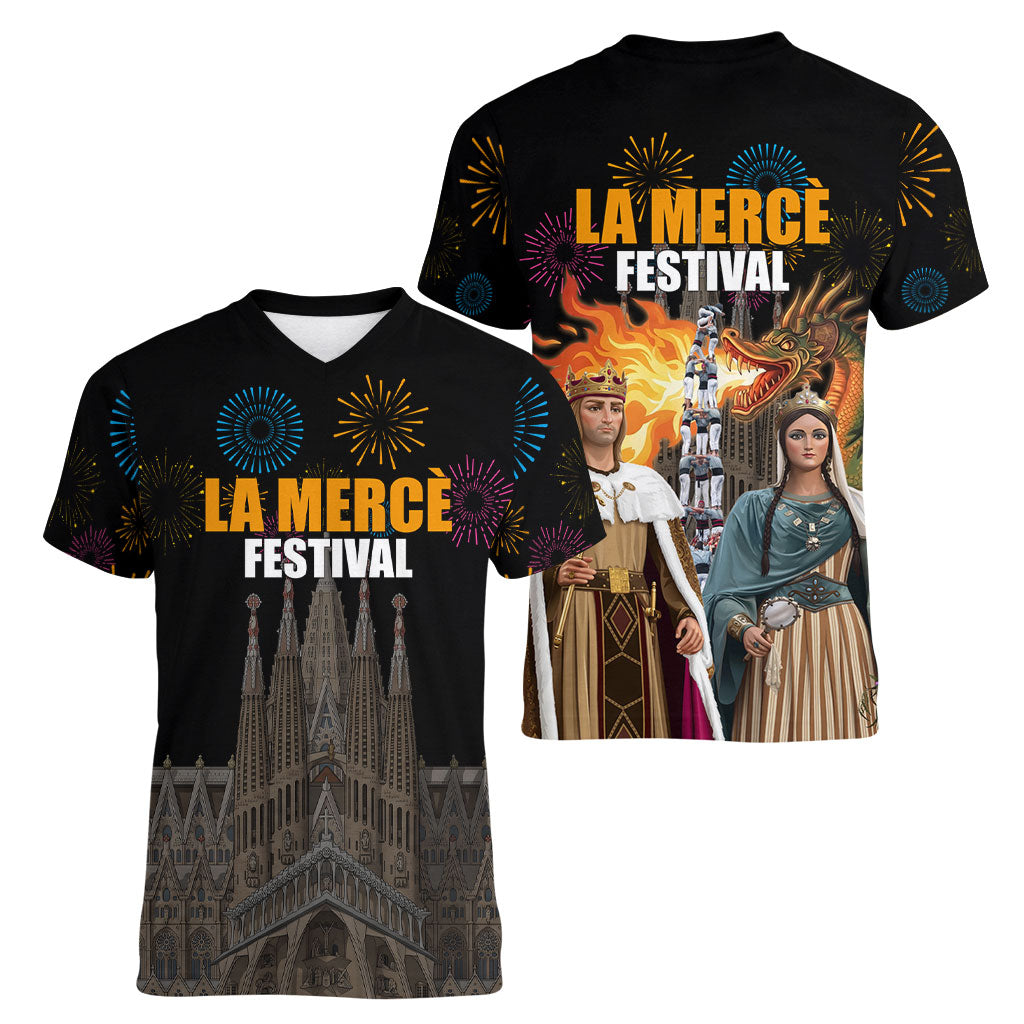 La Merce Festival Barcelona Women V-Neck T-Shirt Catalan Tradition Celebration Sagrada Familia Fireworks Art