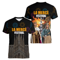 La Merce Festival Barcelona Women V-Neck T-Shirt Catalan Tradition Celebration Sagrada Familia Fireworks Art