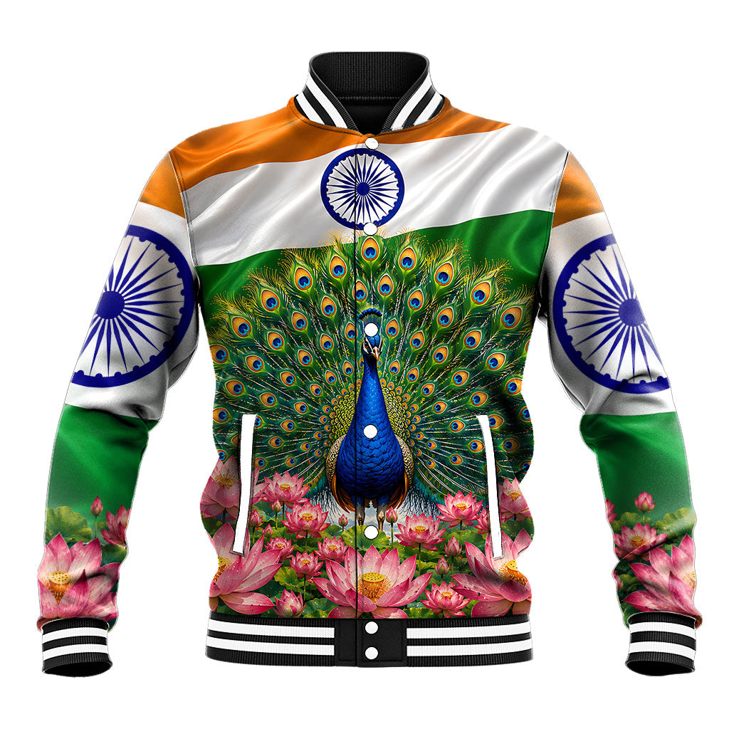 India Flag Peacock Baseball Jacket Vibrant Cultural Indian Taj Mahal Lotus