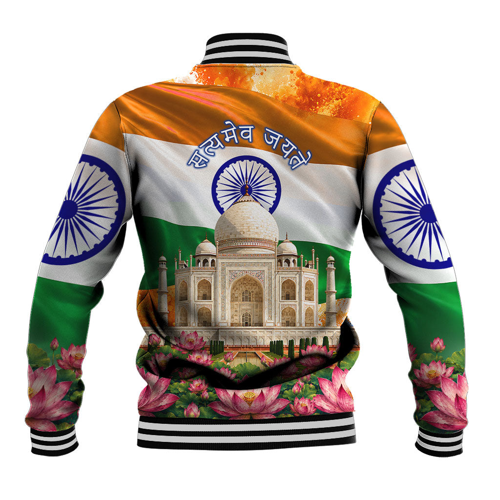India Flag Peacock Baseball Jacket Vibrant Cultural Indian Taj Mahal Lotus