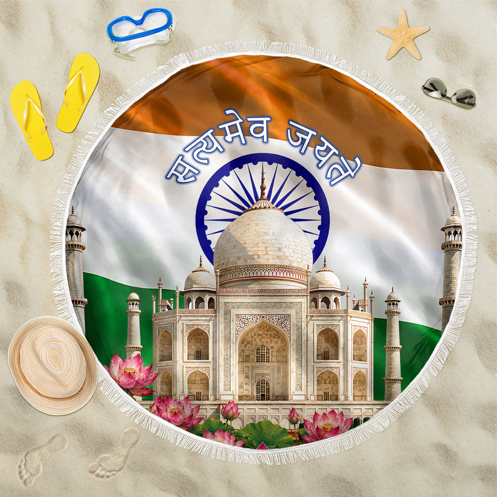 India Flag Peacock Beach Blanket Vibrant Cultural Indian Taj Mahal Lotus