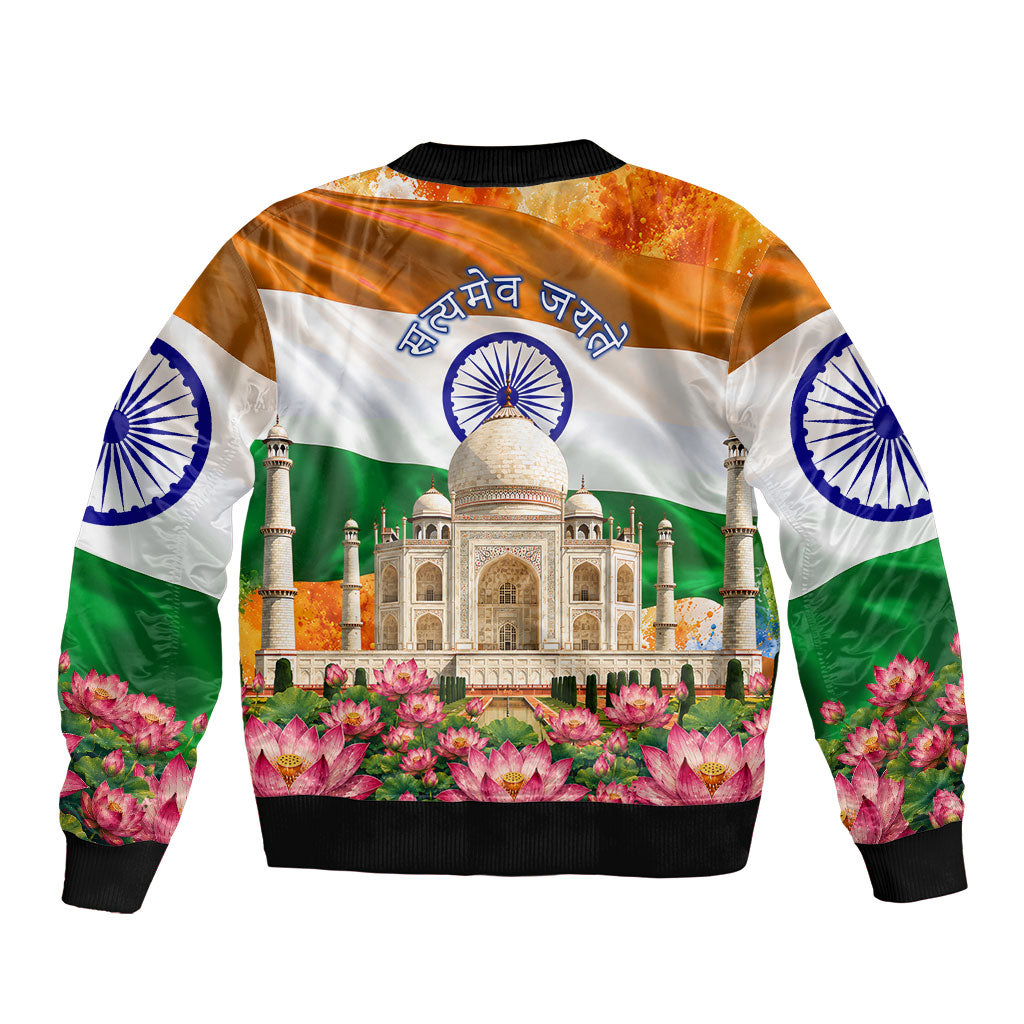 India Flag Peacock Bomber Jacket Vibrant Cultural Indian Taj Mahal Lotus