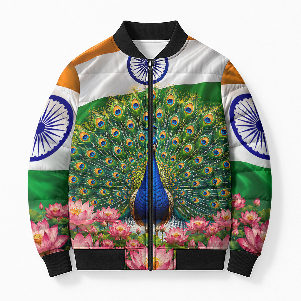 India Flag Peacock Bomber Puffer Jacket Vibrant Cultural Indian Taj Mahal Lotus
