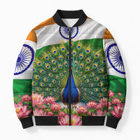 India Flag Peacock Bomber Puffer Jacket Vibrant Cultural Indian Taj Mahal Lotus