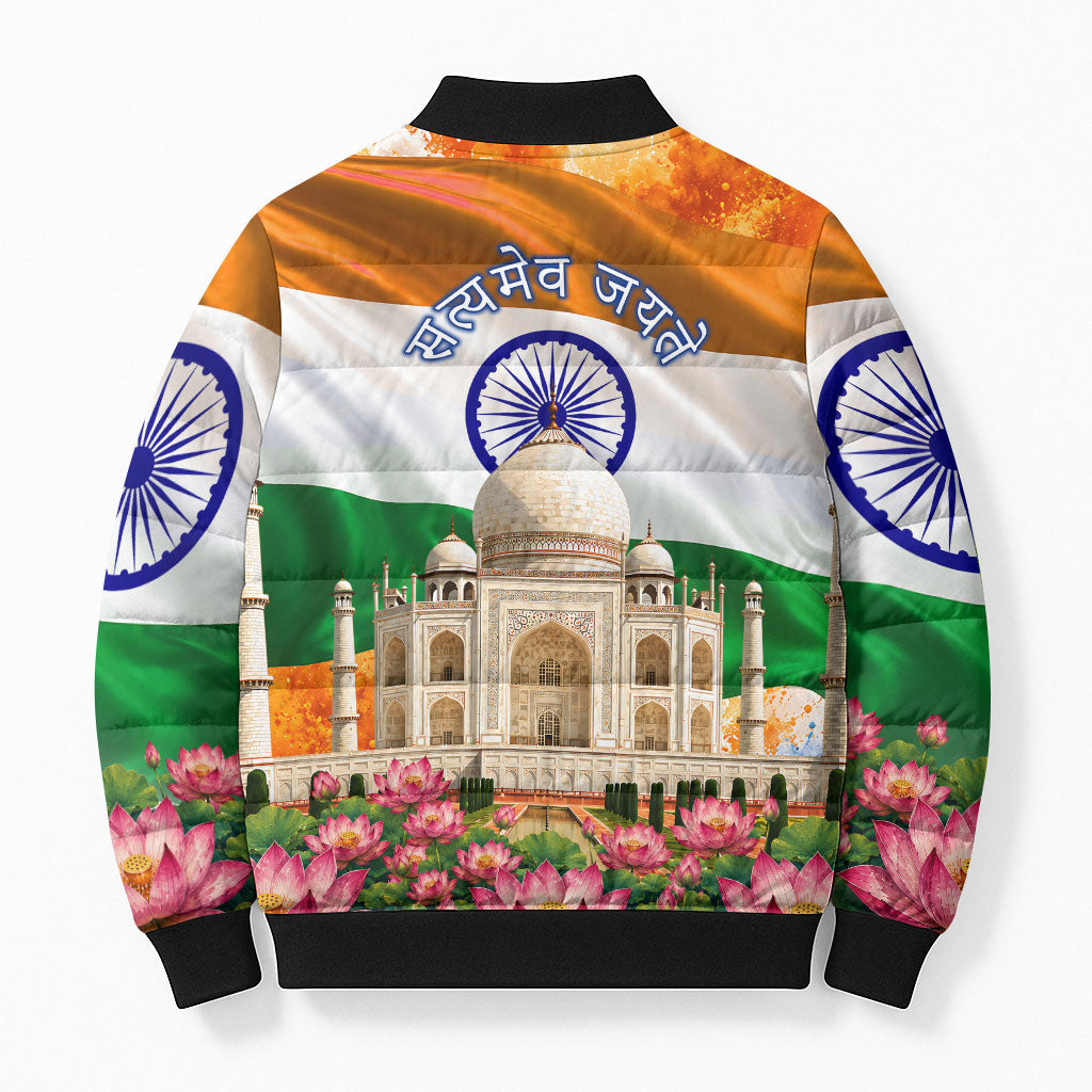 India Flag Peacock Bomber Puffer Jacket Vibrant Cultural Indian Taj Mahal Lotus