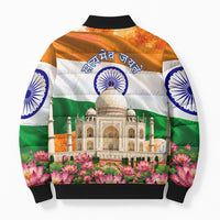 India Flag Peacock Bomber Puffer Jacket Vibrant Cultural Indian Taj Mahal Lotus