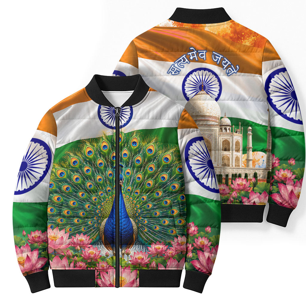 India Flag Peacock Bomber Puffer Jacket Vibrant Cultural Indian Taj Mahal Lotus