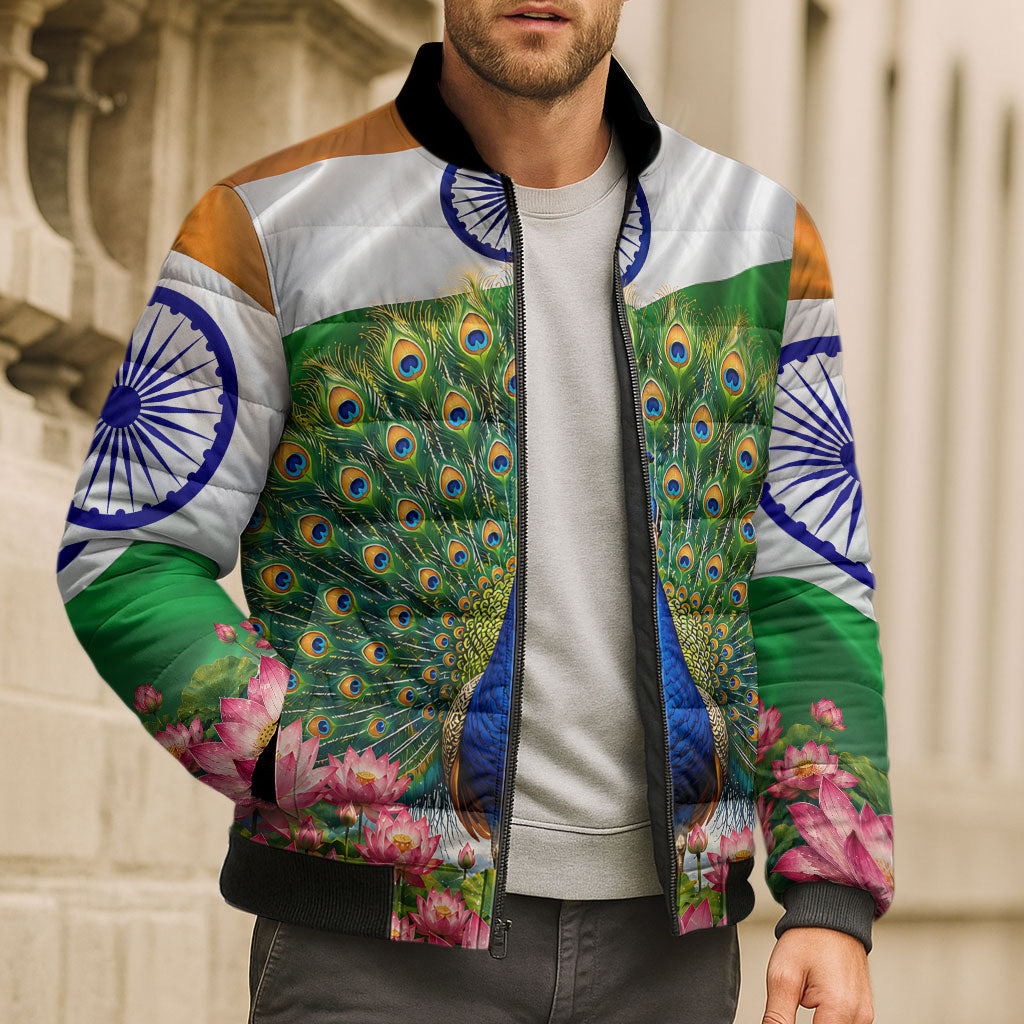 India Flag Peacock Bomber Puffer Jacket Vibrant Cultural Indian Taj Mahal Lotus