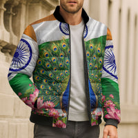 India Flag Peacock Bomber Puffer Jacket Vibrant Cultural Indian Taj Mahal Lotus