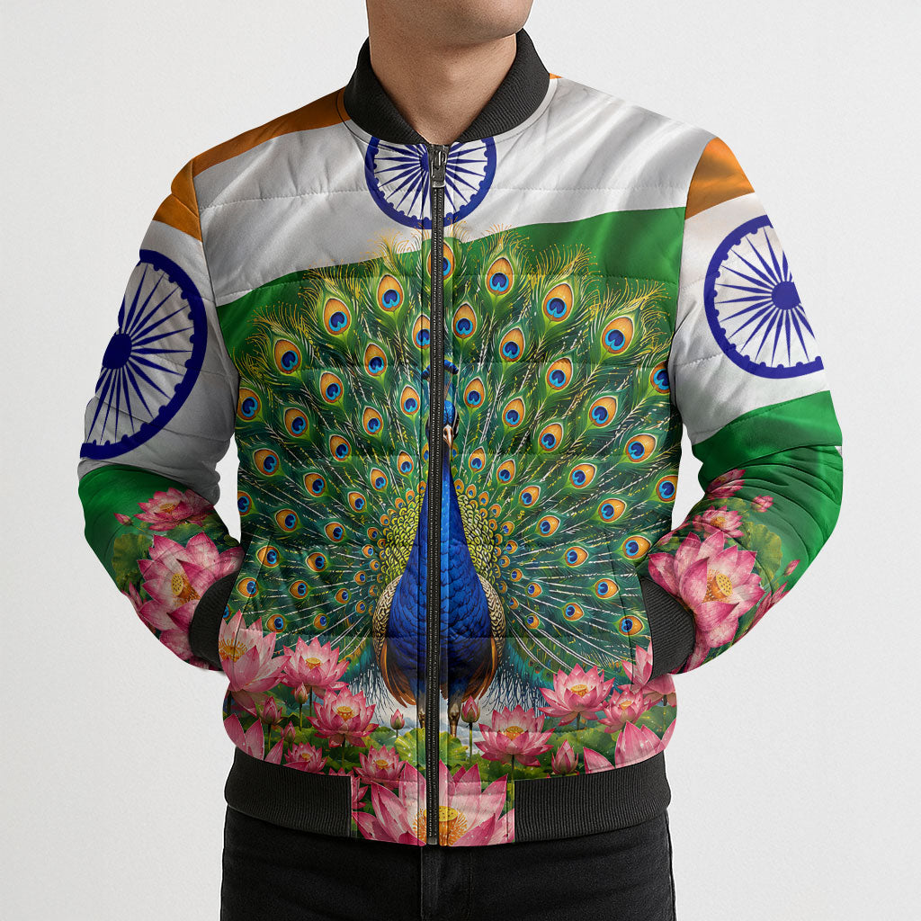 India Flag Peacock Bomber Puffer Jacket Vibrant Cultural Indian Taj Mahal Lotus